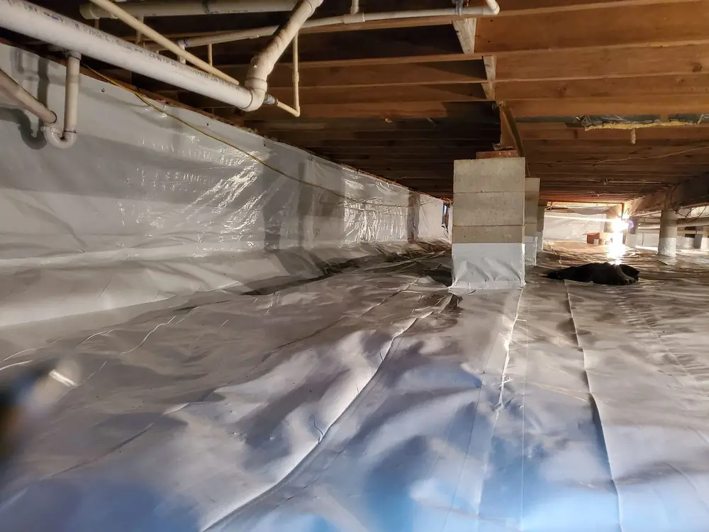 Crawlspace after encapsulation with a white vapor barrier over the floor and up the piers